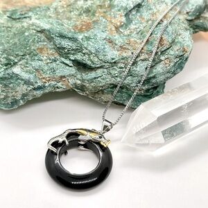 OBSIDIAN Black Hand Carved Silver Koi Fish Pendant Necklace